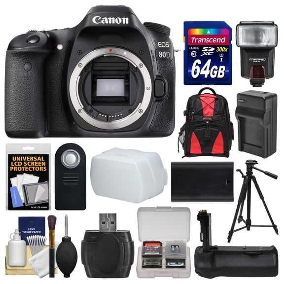 canon eos 80d wi-fi digital slr camera body with 64gb card + case + flash + battery & charger + grip + tripod + remote + kit
