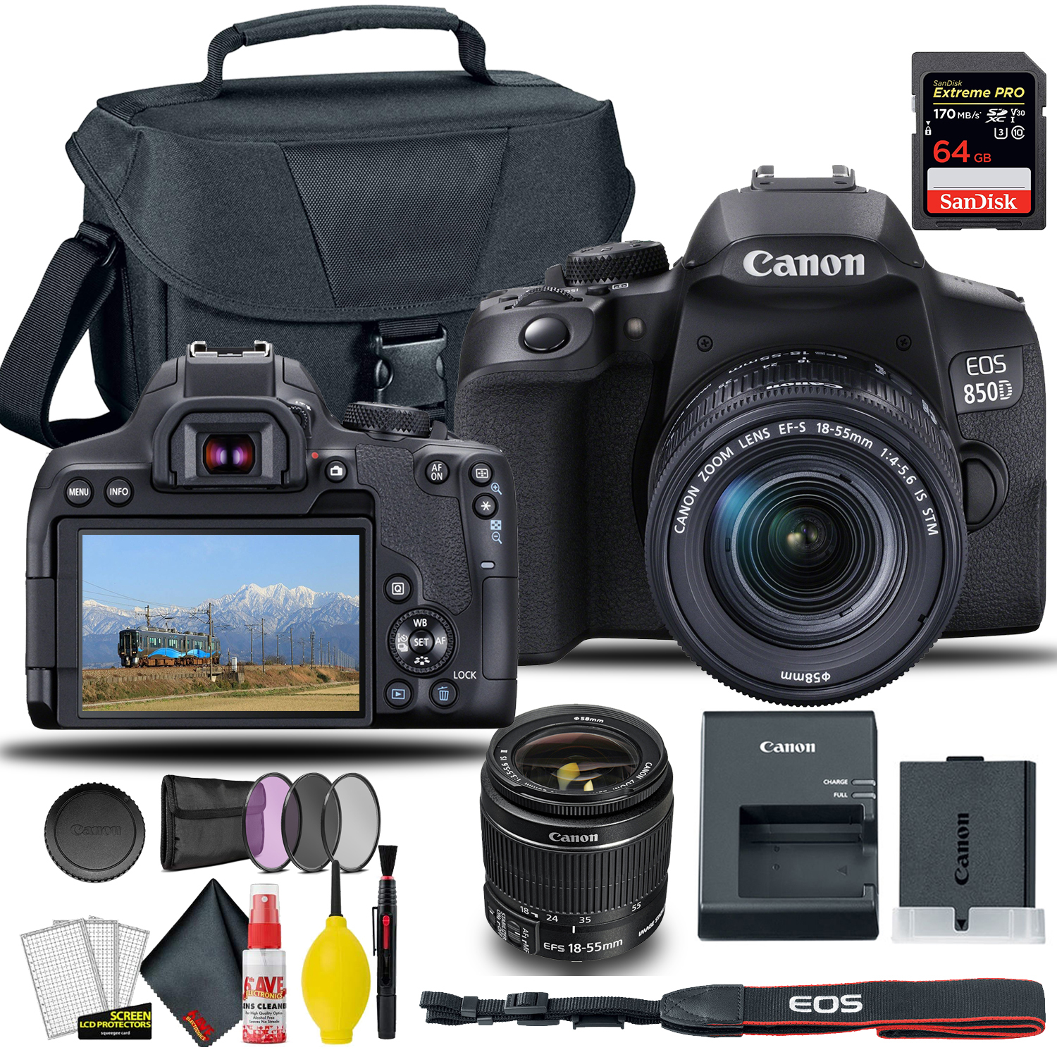 Canon EOS 850D / Rebel T8i DSLR Camera with 18-55mm Lens (Black) + Creative Filter Set, EOS Camera Bag + Sandisk Extreme Pro 64GB Card + 6AVE Electronics Cleaning Set, and More (International Model) - image 1 of 2