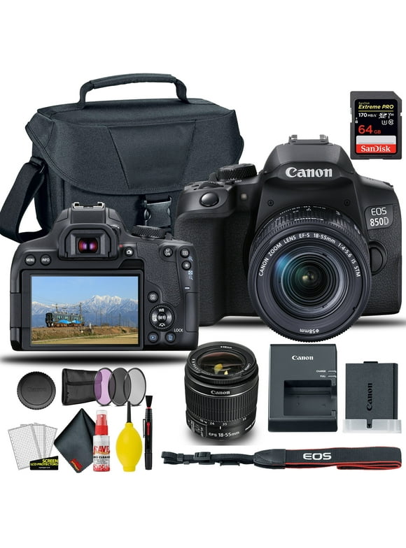 Canon EOS 850D / Rebel T8i DSLR Camera with 18-55mm Lens (Black) + Creative Filter Set, EOS Camera Bag + Sandisk Extreme Pro 64GB Card + 6AVE Electronics Cleaning Set, and More (International Model)