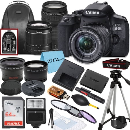 Canon EOS 850D / Rebel T8i DSLR Camera Bundle with 18-55mm, 75-300mm Lens, 64GB Card, Backpack and ZeeTech Accessory (International Version)