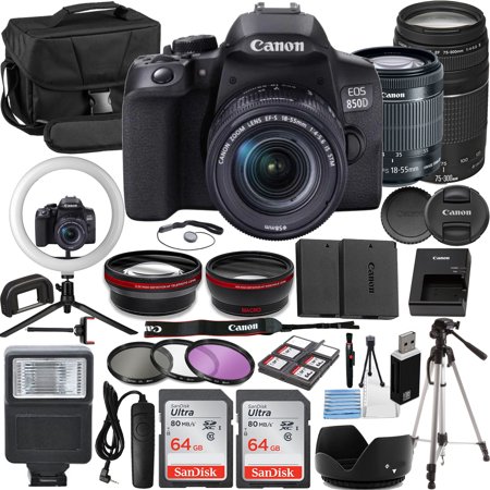 Canon EOS 850D Vlogger Kit:EF-S 18-55mm & EF 75-300mm Lenses,64GB Memory Card,Ring Light,Spider Tripod,3 Piece Filter Kit,Gadget Bag,Remote Shutter,USB Card Reader & Cleaning Kit