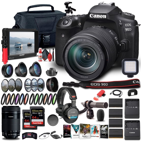 Canon EOS 90D Camera W/ 18-135mm and Canon EF-S 55-250mm Lenses - Pro Bundle (International Version)