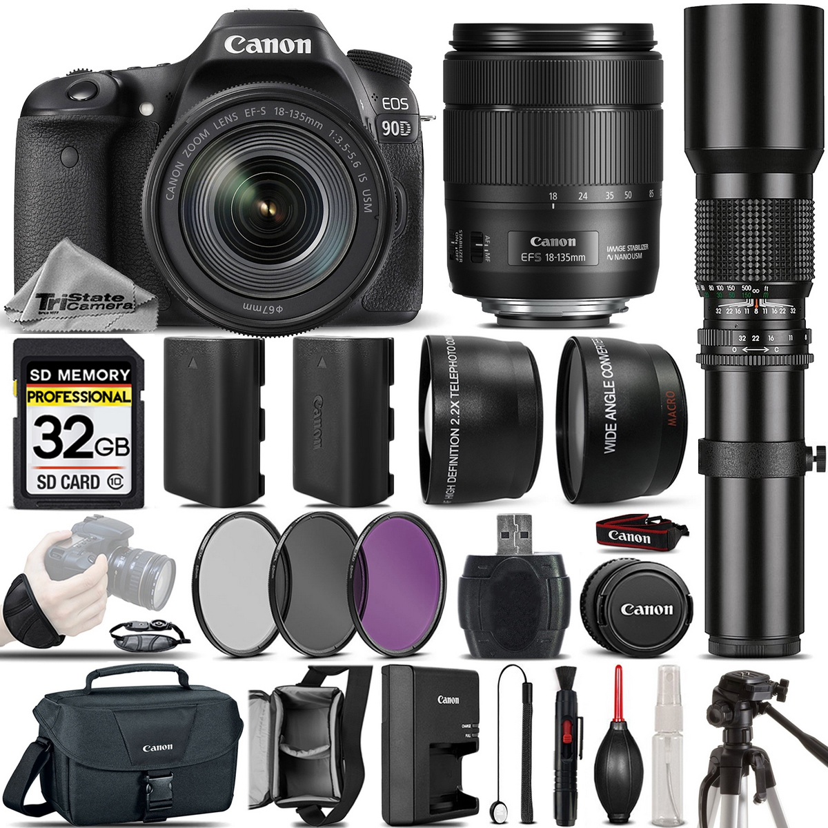 Canon EOS 90D DSLR Camera + Canon 18-135mm IS USM Lens + 500mm preset Zoom Lens+ 2.2x Telephoto Lens + 0.43X Wide Angle Lens + Backup Battery + UV-CPL-FLD Filter - image 1 of 6