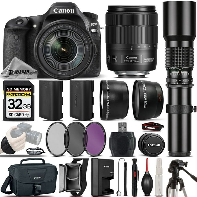Canon EOS 90D DSLR Camera + Canon 18-135mm IS USM Lens + 500mm preset Zoom Lens+ 2.2x Telephoto Lens + 0.43X Wide Angle Lens + Backup Battery + UV-CPL-FLD Filter