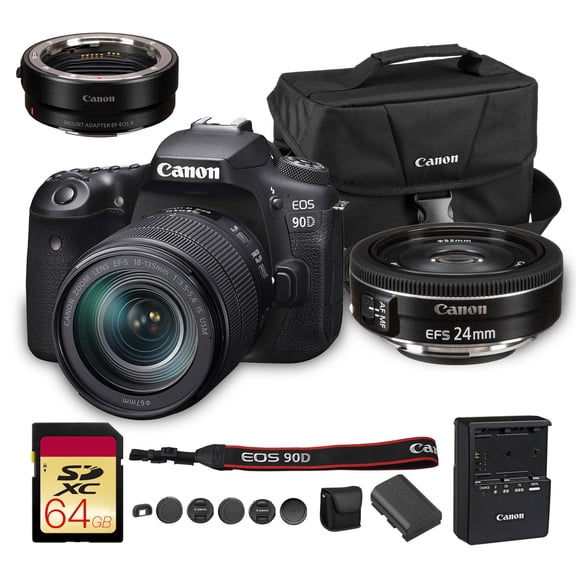 Canon EOS 90D DSLR Camera with 18-135mm Lens | 32.5MP APS-C Sensor, Dual Pixel AF & 4K Video | For Wildlife & Sports Photography (3616C016) + Canon EF-S 24mm f/2.8 STM Lens + Adapter EF-EOS R + More