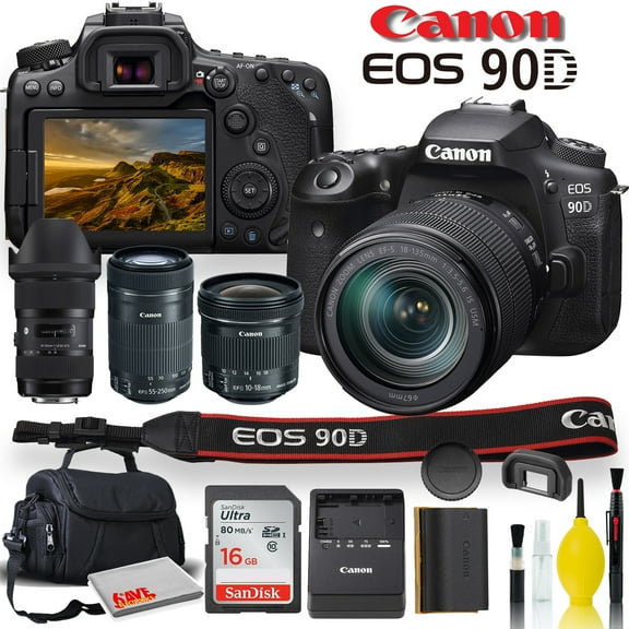 Canon EOS 90D DSLR Camera With 18-135mm Lens, Sigma 18-35mm, Canon EF-S 55-250mm, Canon EF-S 10-18mm, Soft Padded Case, Memory Card, and More - Triple Lens Set (International Version)