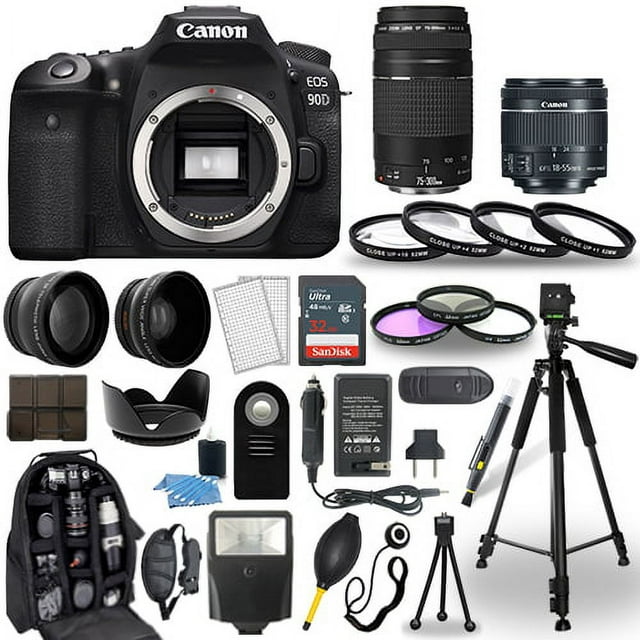 Canon EOS 90D DSLR Camera + 18-55mm STM + 75-300mm + 30 Piece Accessory Bundle