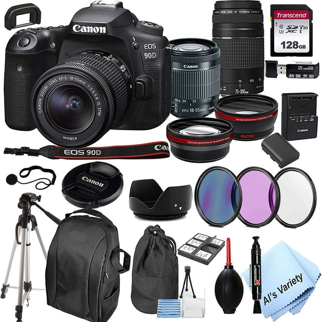 Canon EOS 90D DSLR Camera + 18-55mm f/3.5-5.6 is STM Lens + 75-300mm F/4-5.6 III Lens + 128GB Card, Tripod,Back-Pack,Filters, 2X Telephoto Lens,