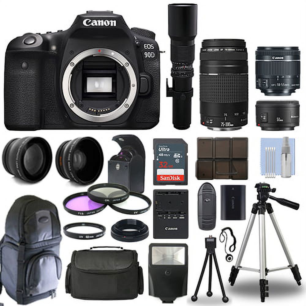 Canon EOS 90D DSLR Camera + 6 Lens 18-55 STM, 75-300, 50, 500 + 32GB PRO KIT! - image 1 of 11