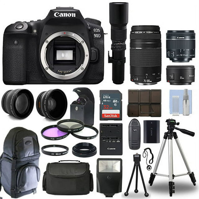 Canon EOS 90D DSLR Camera + 6 Lens 18-55 STM, 75-300, 50, 500 + 32GB PRO KIT!