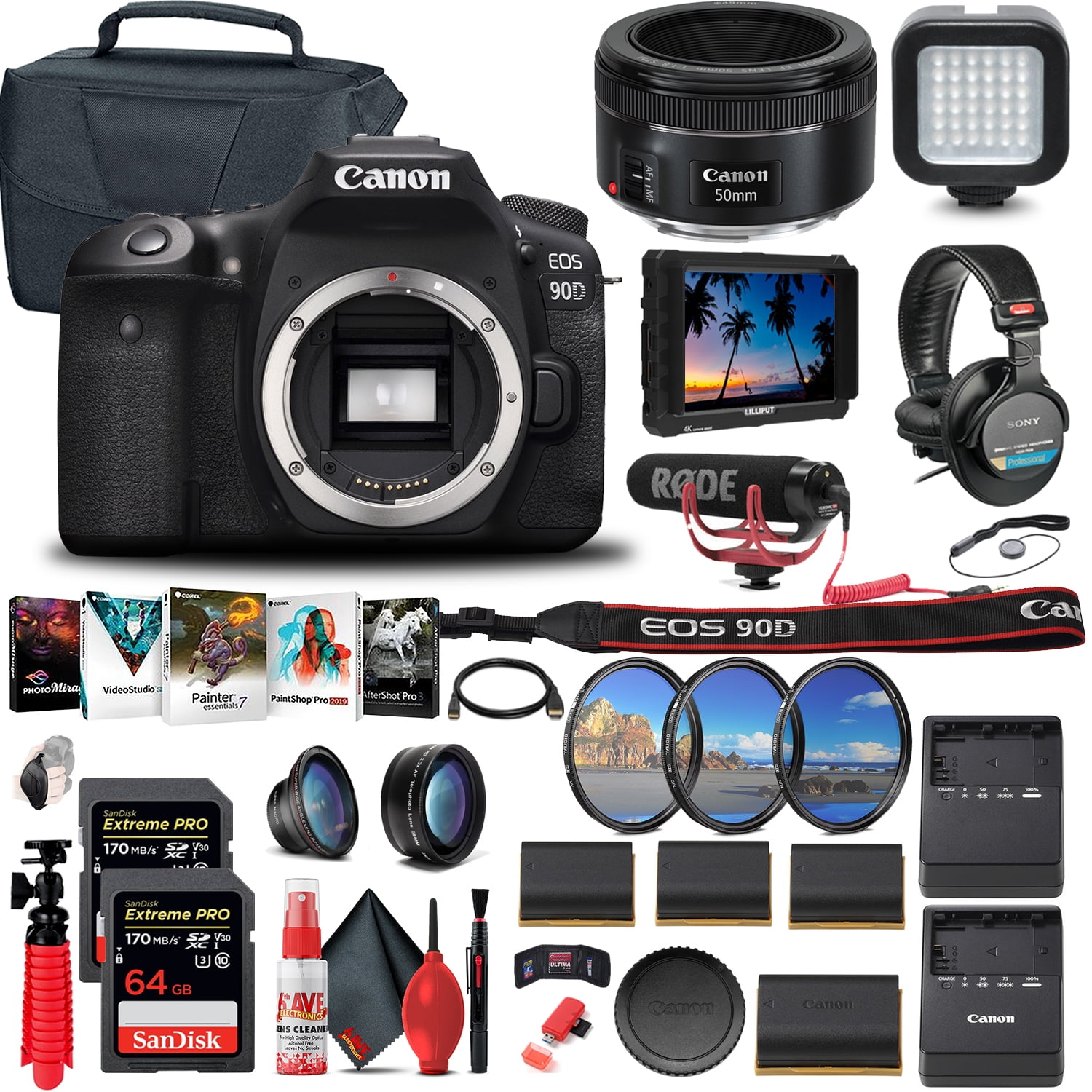 Canon EOS 90D DSLR Camera (Body Only) (3616C002) + 4K Monitor + EF 50mm
