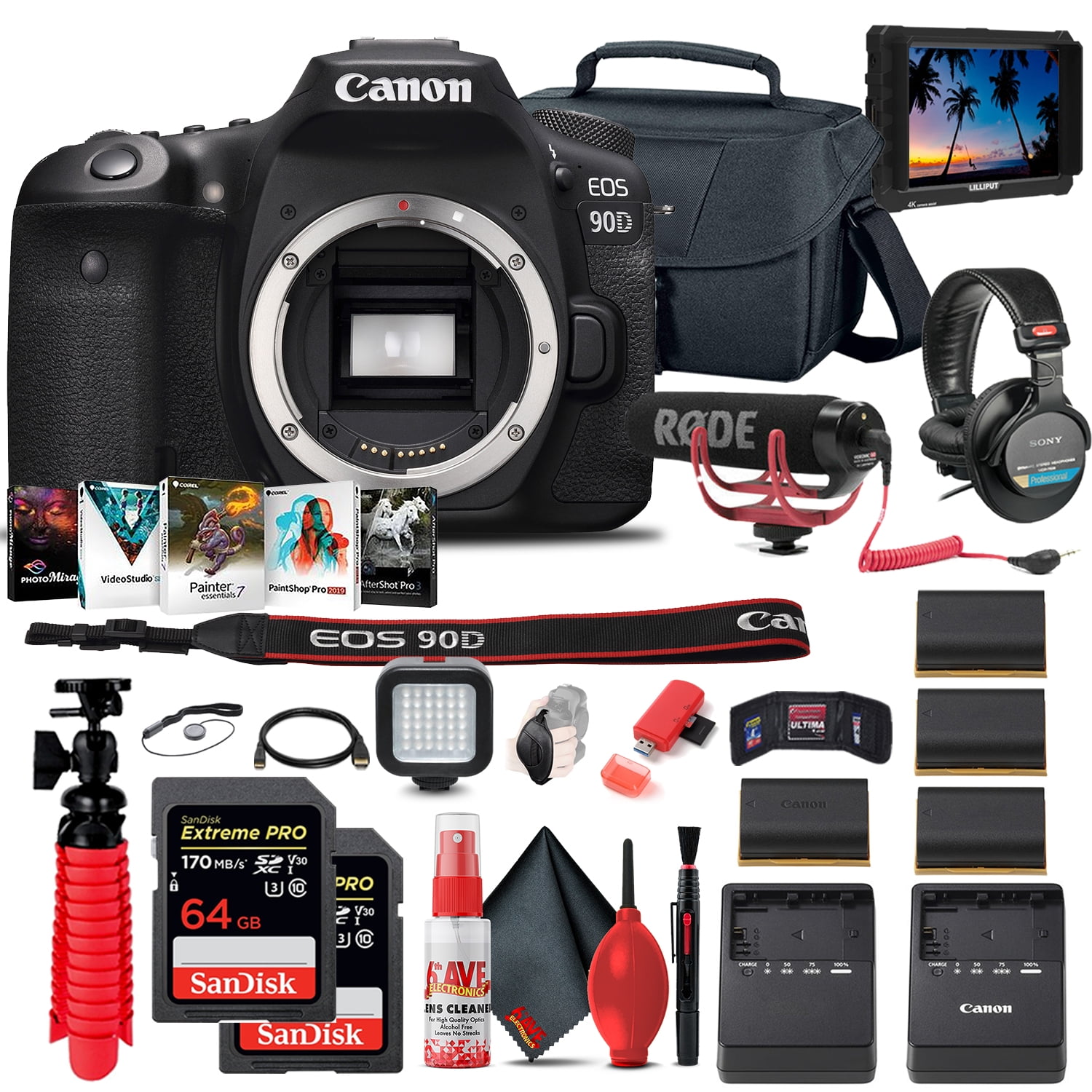 Canon EOS 90D DSLR Camera (Body Only) (3616C002) + 4K Monitor + Mic
