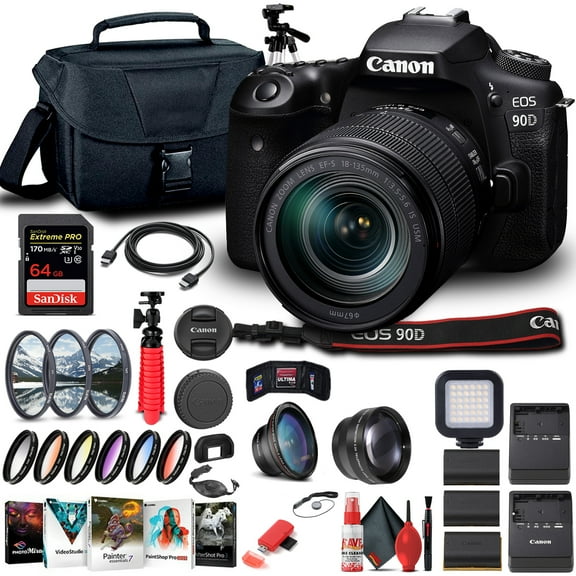 Canon EOS 90D DSLR Camera Kit with 18-135mm Lens, 64GB Card, Case, & Accessories (International Version)