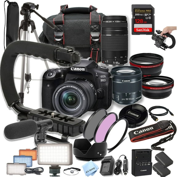 Canon EOS 90D DSLR Camera w/ 18-55mm STM, 75-300mm, 128GB SD Card and More (International Version)