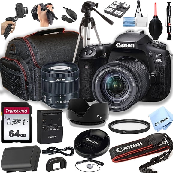 Canon EOS 90D DSLR Camera w/EF-S 18-55mm F/4-5.6 STM Zoom Lens, 64GB SD Card and More (International Version)