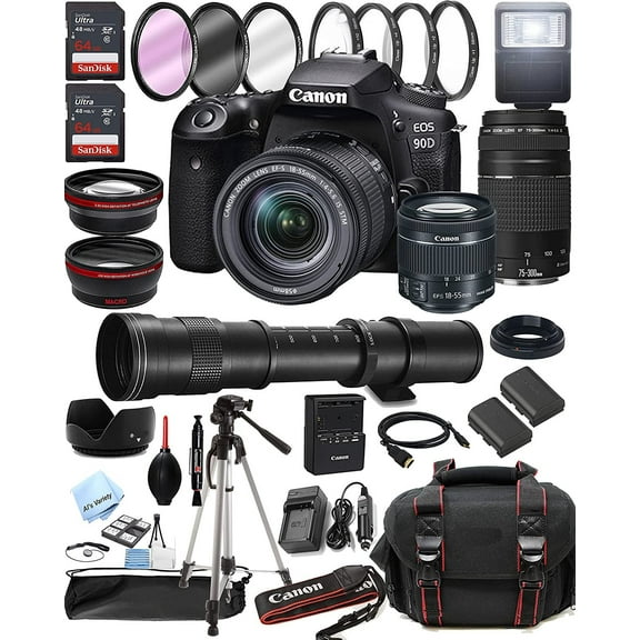 Canon EOS 90D DSLR Camera w/EF-S 18-55mm F/4-5.6 is STM Zoom Lens + 75-300mm F/4-5.6 III Lens + 420-800mm Super Telephoto Lens + 128GB Memory + Case + Tripod + Filters 42pc Bundle