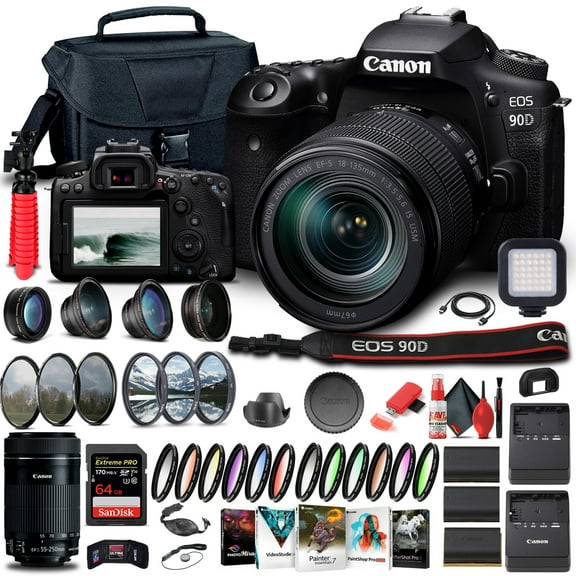 Canon EOS 90D DSLR Camera with 18-135mm Lens (3616C016), EF-S 55-250mm Lens, 64GB Memory Card + More (International Version)