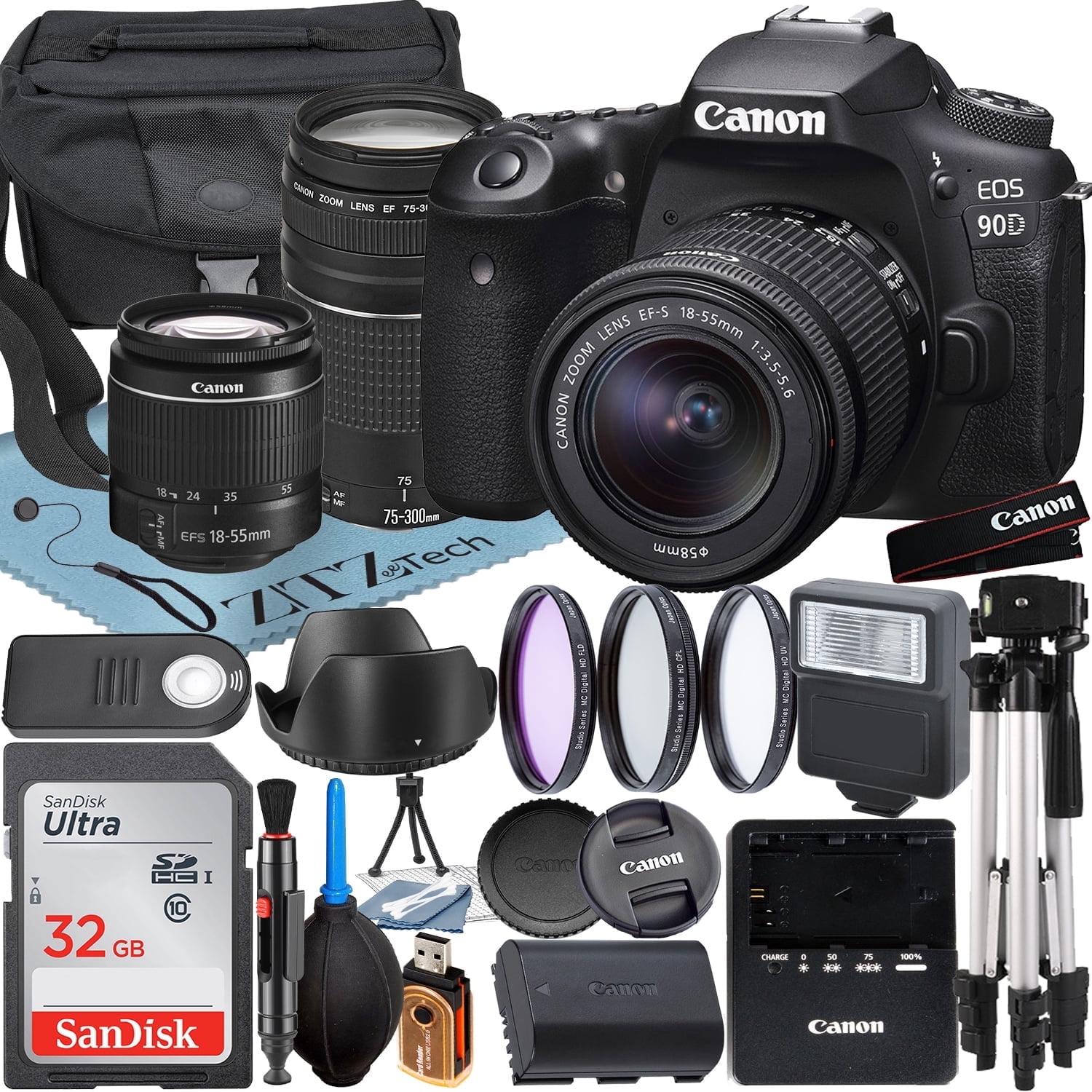 Canon EOS 90D DSLR Camera with 18-55mm + 75-300mm Lens + 32GB Card ...