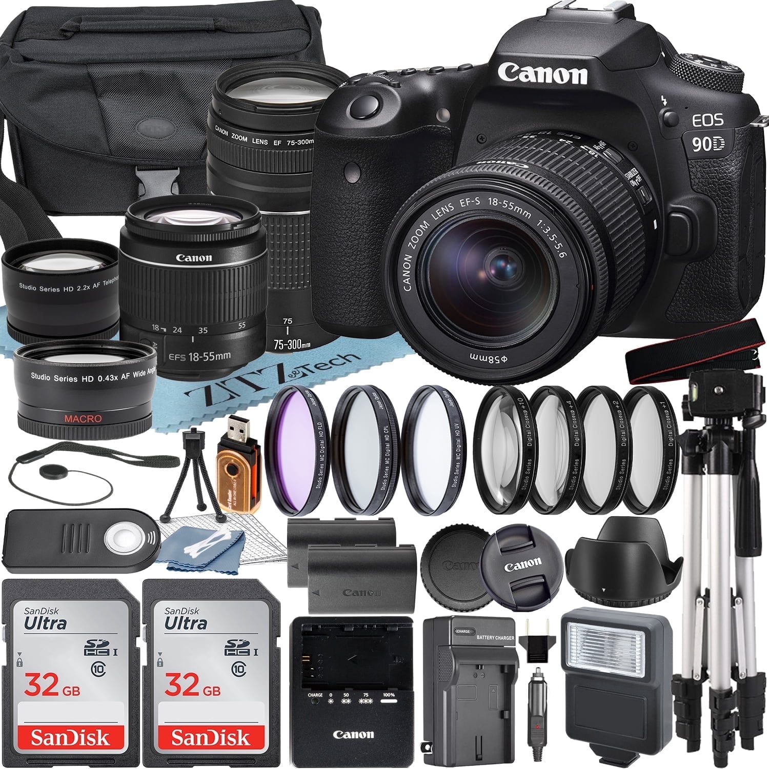 Canon EOS 90D DSLR Camera, 18-55mm, 75-300mm Lens, 32GB Card, Case