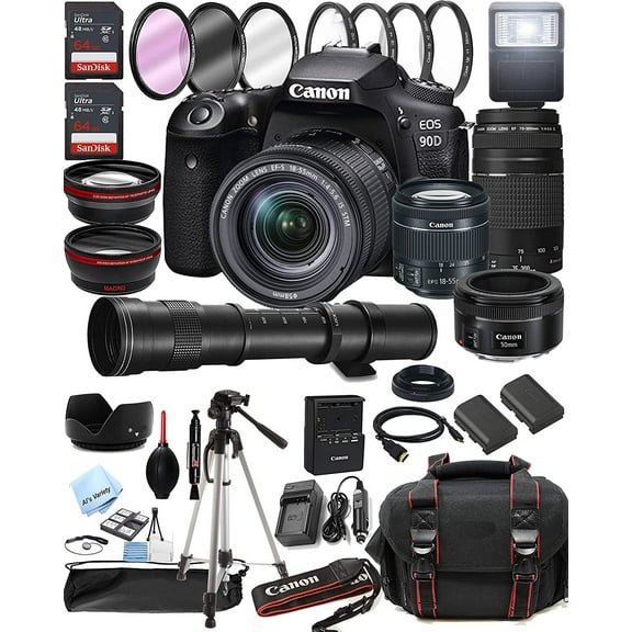 Canon EOS 90D DSLR Camera with EF-S 18-55mm, 75-300mm, 50mm, and 420-800mm Lenses, Black (International Version)