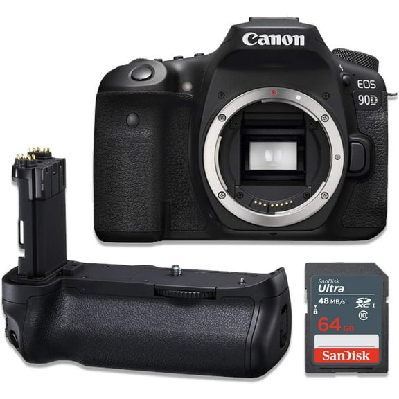 Canon EOS 90D Digital SLR Camera Body Kit with Power Battery Grip & 64GB SD Card
