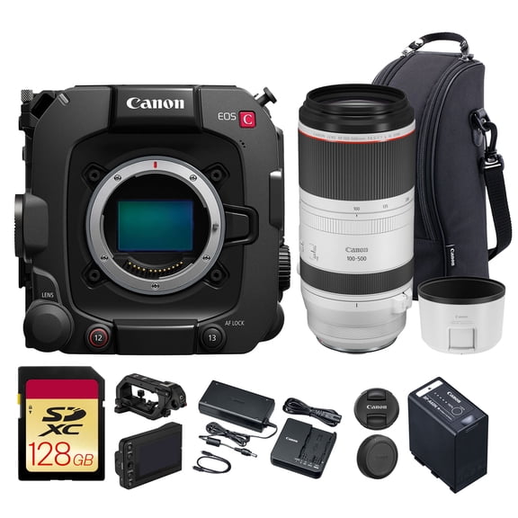 Canon EOS C400 6K Full Frame Cinema Camera with RF Mount, Triple Base ISO, Internal Cinema RAW Light, Compact Design (6388C002) + Canon RF 100-500mm f/4.5-7.1L IS USM Lens + 128GB Card