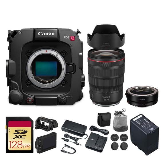 Canon EOS C400 6K Full Frame Cinema Camera with RF Mount, Triple Base ISO, Internal Cinema RAW Light, Compact Design (6388C002) + Canon RF 24-70mm f/2.8L IS USM Lens + 128GB Card + Adapter EF-EOS R