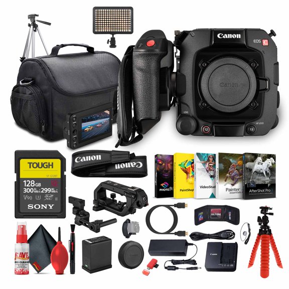 Canon EOS C400 6K Full-Frame Professional Cinema Camera Triple Base ISO, Dual Pixel CMOS AF II, RF Mount | 2 x 128GB Memory Card + LED Light + Tripod + Photo Software + More(International Model)