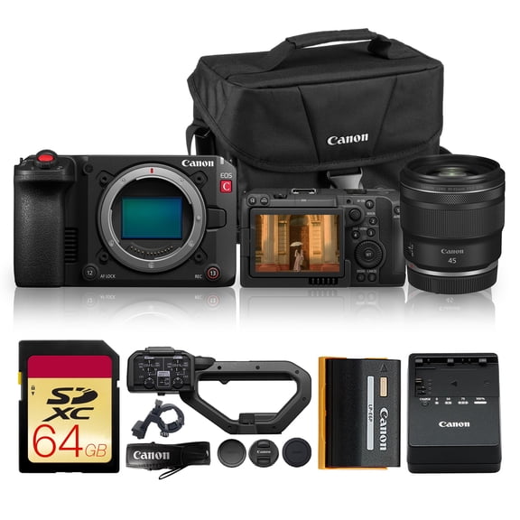 Canon EOS C50 Full-Frame Cinema Camera with 45mm f/1.2 STM Lens | 4K Production Camera with Fast AF & Pro Workflow Features | For Documentary & Professional Film (7034C002) + 64GB Memory Card + Bag