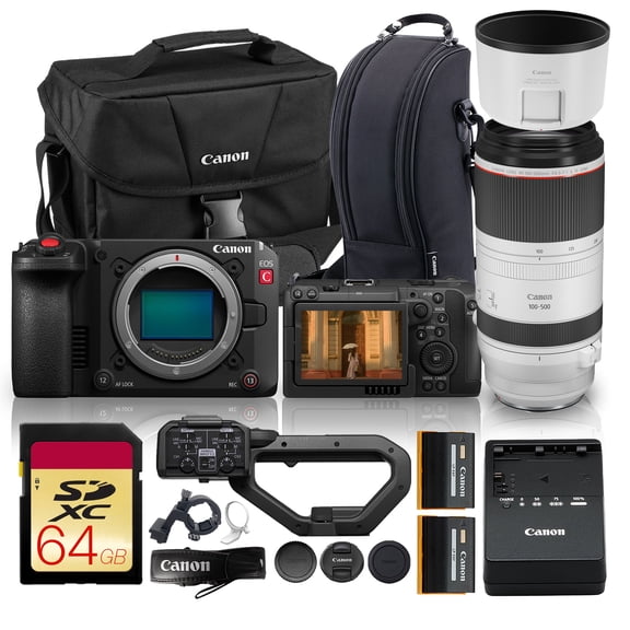 Canon EOS C50 Full-Frame Cinema Camera with RF 100-500mm f/4.5-7.1L IS USM Lens | 4K Production Camera with Fast AF & Pro Workflow Features | For Documentary & Film + 64GB Card + LP-E6P Battery + Bag