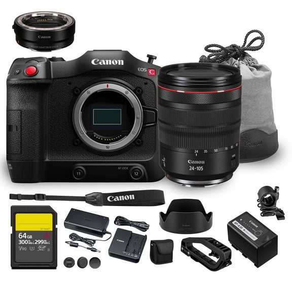 Canon EOS C70 Cinema Camera Kit | 4K Super 35mm Sensor with RF 24-105mm f/4 Lens | Dual Gain Output Compact Professional Production (4507C015) + Canon Adapter EF-EOS R + 64GB Card