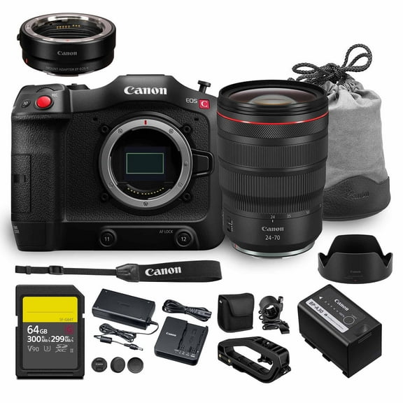 Canon EOS C70 Cinema Camera Kit | 4K Super 35mm Sensor with RF 24-70mm f/2.8 Lens | Professional Video Production Compact Cinema (4507C017) + Canon Adapter EF-EOS R + 64GB Card