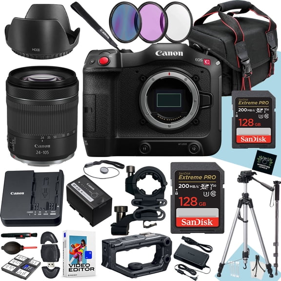 Canon EOS C70 Cinema Camera with RF 24-105mm f/4-7.1 IS STM Lens + 2PC 128GB Memory + Hood + Filters + Tripod + Monopod + More (29pc Bundle) (International Version)