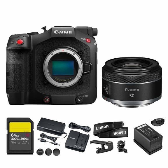 Canon EOS C80 6K Full Frame Cinema Camera RF Mount Triple Base ISO Internal RAW Light Compact Professional Filmmaking (6389C002) + Canon RF 50mm f/1.8 STM Lens + 64GB Card