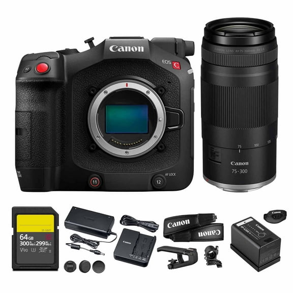 Canon EOS C80 6K Full Frame Cinema Camera RF Mount Triple Base ISO Internal RAW Light Compact Professional Filmmaking (6389C002) + Canon RF 75-300mm Lens + 64GB Card