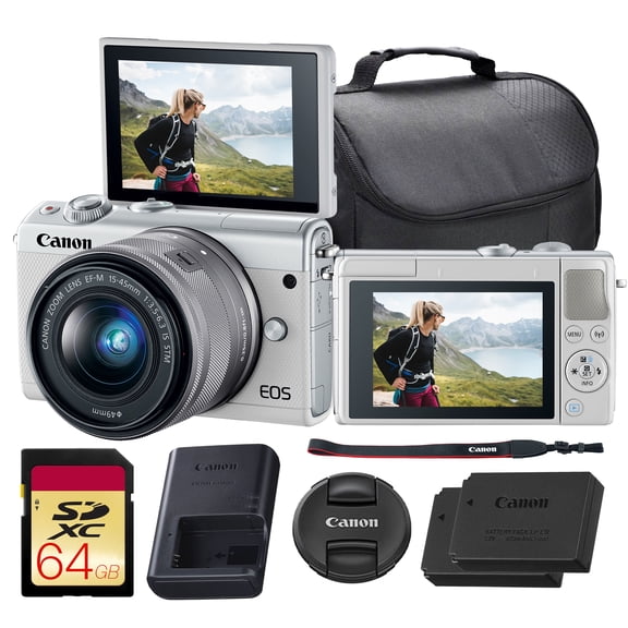 Canon EOS M100 Mirrorless Camera with 15-45mm Lens (White) | 24.2MP APS-C Sensor, Dual Pixel CMOS AF, Wi-Fi & Bluetooth | Great for Travel & Beginner Photos (2210C011) + 64GB Card + Bag + Battery