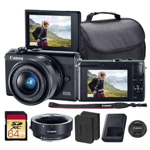 Canon EOS M100 Mirrorless Camera with 15-45mm Lens Black, 24.2MP APS-C, Dual Pixel AF, Wi-Fi Bluetooth, 64GB Card, Adapter + More