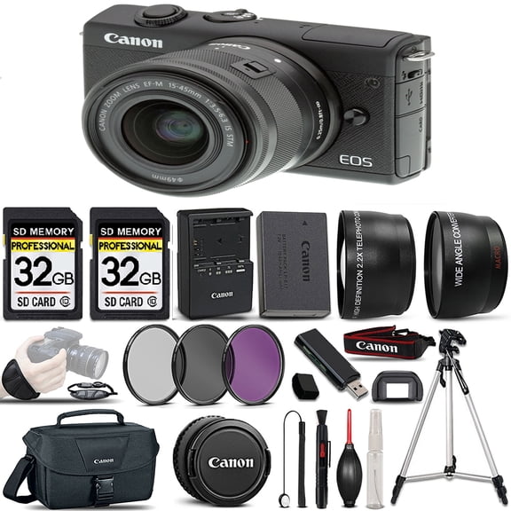 Canon EOS M200 DSLR Camera + Canon 15-45mm IS STM Lens + 32GB Class 10 Memory Card + Canon EOS Shoulder Bag 100ES + 58mm UV Filter + Card Reader + Lens Cap Holder - (International Version)