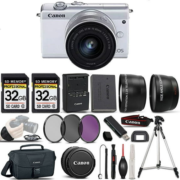 Canon EOS M200 DSLR Camera (White) + Canon 15-45mm IS STM Lens + 32GB Class 10 Memory Card + Canon EOS Shoulder Bag 100ES + 58mm UV Filter + Card Reader + Lens Cap Holder (International Version)