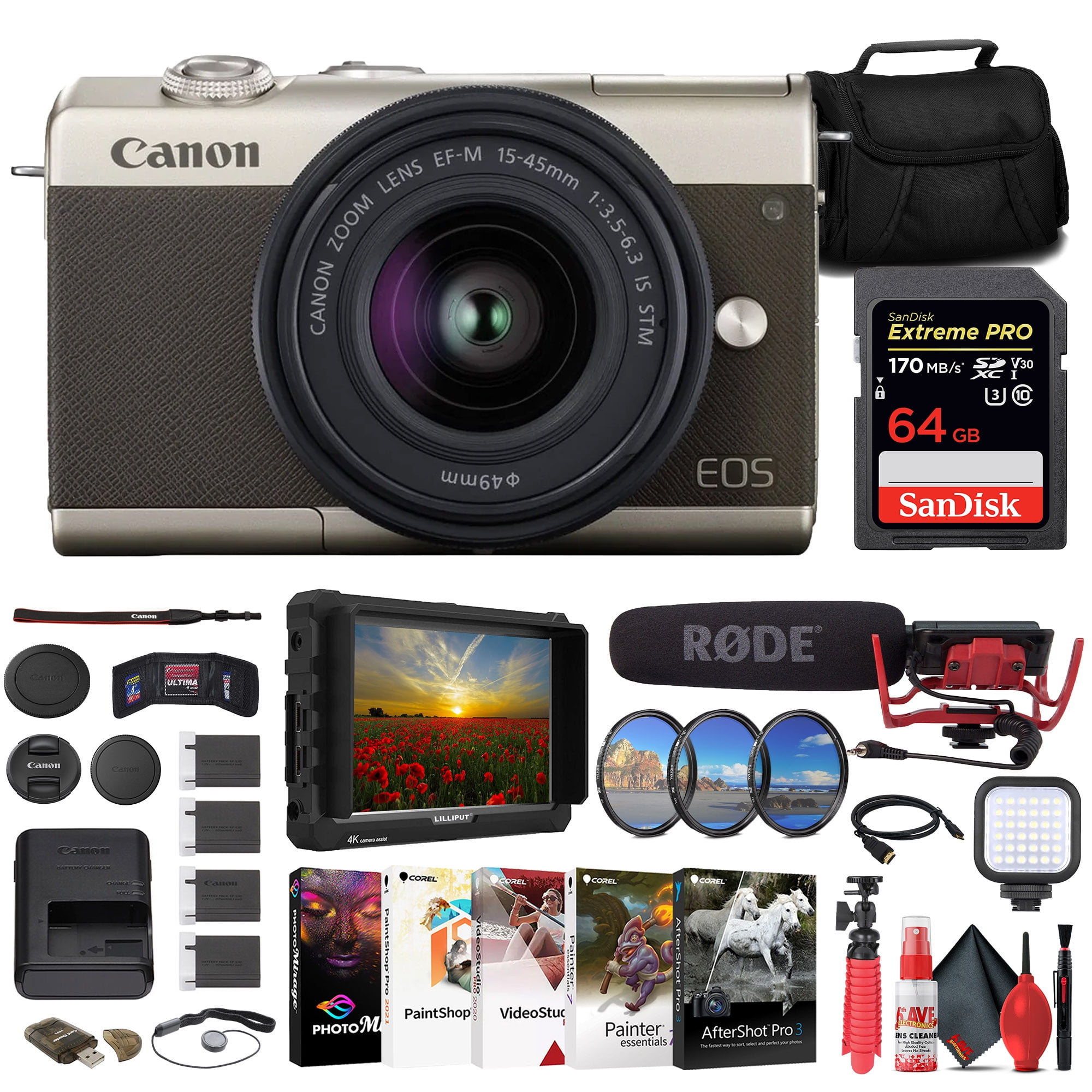Canon EOS M200 Mirrorless Camera with 15-45mm Lens (Limited Gold Edition)  (3699C009) + 4K Monitor + Rode VideoMic + 64GB Memory Card + Filter Kit +  