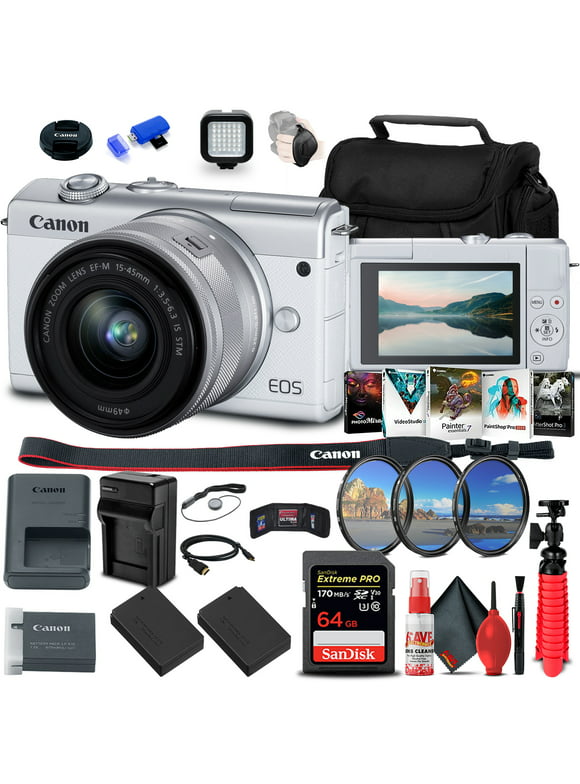 Canon EOS M200 Mirrorless Camera with 15-45mm Lens (White) (3700C009) + 64GB Memory Card + Filter Kit + 2 x LPE12 Battery + External Charger + Card Reader + LED Light + Corel Photo Software + More