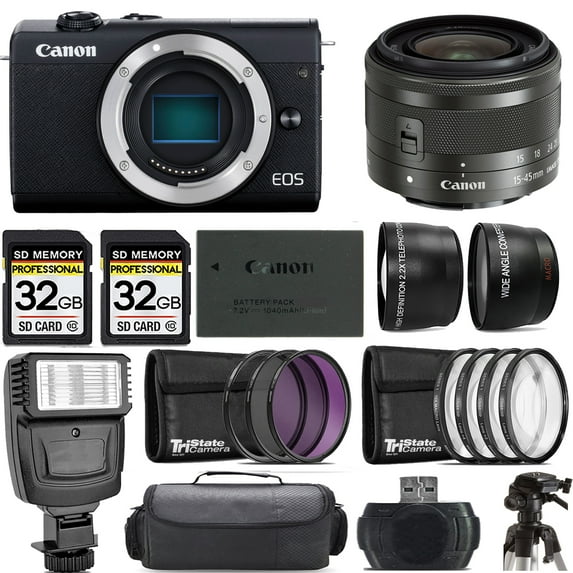 Canon EOS M200 Mirrorless Camera (Black) +15-45mm f/3.5-6.3 IS STM Lens (Graphite) +Flash- Kit (International Version)