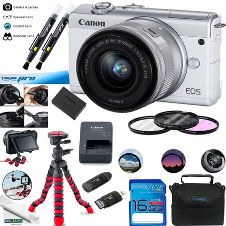 Canon EOS M200 Mirrorless Camera w/15-45mm Lens - Wi-Fi, Bluetooth, and NFC enabled (White) - Deal-Expo Bundle