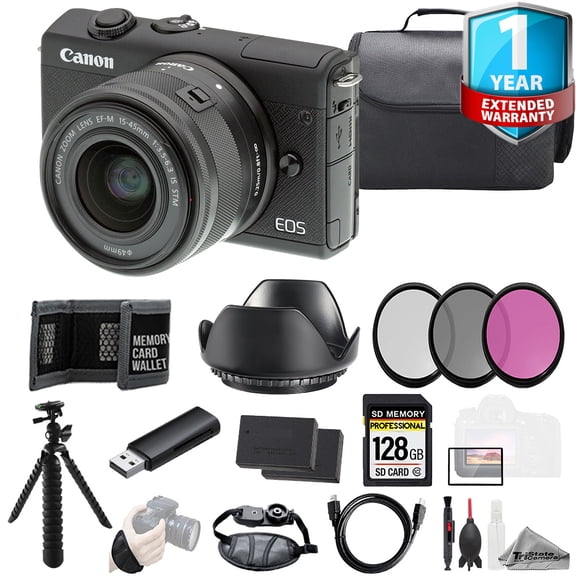 Canon EOS M200 w/ 15-45mm Lens - Black 128GB + Ext Bat+ 3 PC Filter+1Yr Warranty- Kit (International Version)
