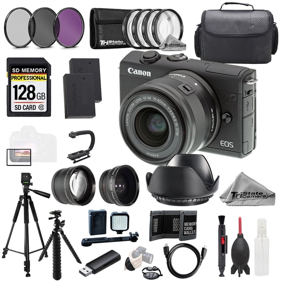 Canon EOS M200 w/ 15-45mm Lens - Black +128GB +Ext Bat+ 9 PC Filtr MEGA Kit (International Version)