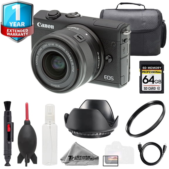 Canon EOS M200 w/ 15-45mm Lens - Black + 64GB + Bag+ UV Filter+1Yr Warranty- Basic Kit (International Version)