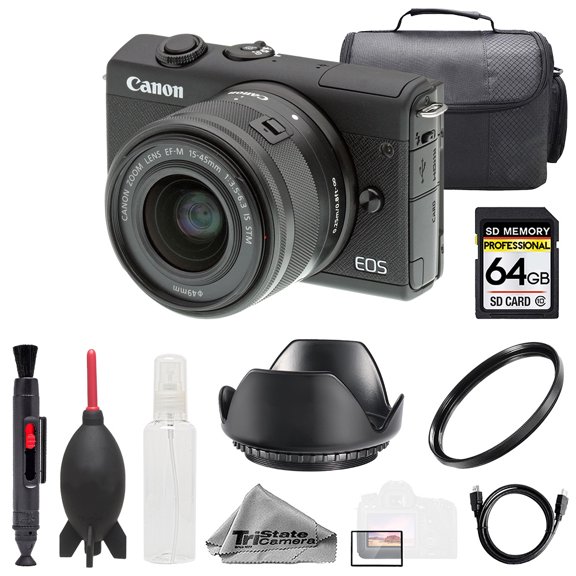 Canon EOS M200 w/ 15-45mm Lens - Black + 64GB + Bag+ UV Filter- Basic Kit (International Version)