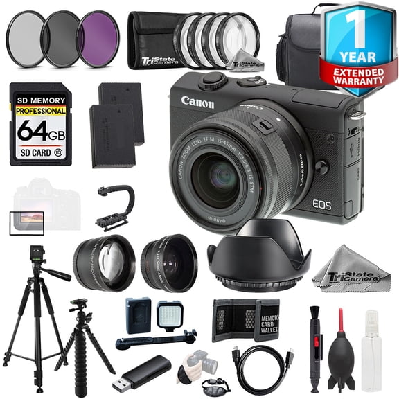 Canon EOS M200 w/ 15-45mm Lens - Black +64GB +Ext Bat+ 9 PC Filter+1Yr Warranty-MEGA Kit (International Version)