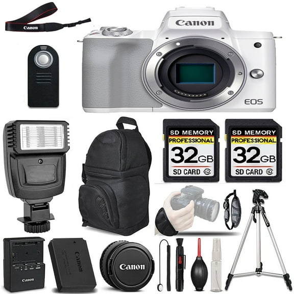 Canon EOS M50 II Digital SLR Camera (Body, White) + 64GB Storage + Pro Flash - All Original Accessories Included -  (International Version)