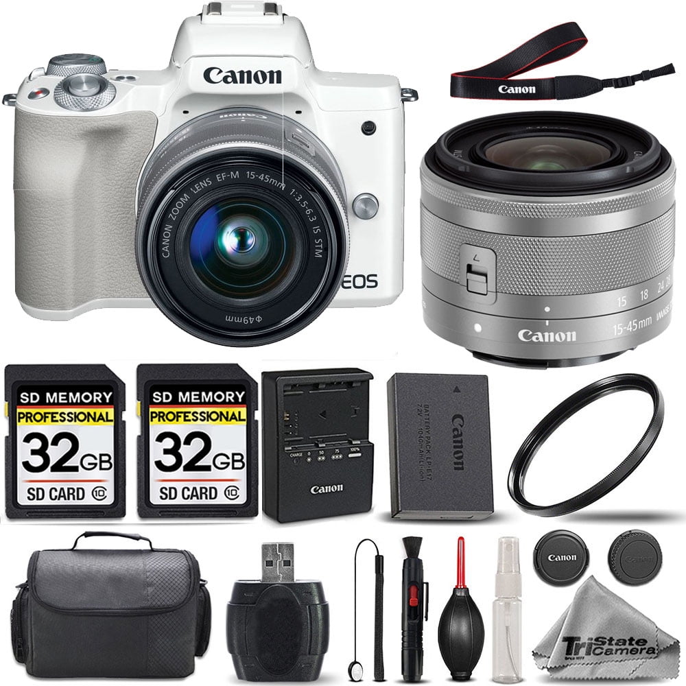 Canon EOS M50 (Kiss-M) SLR Camera (White) + Canon EF-M 15-45mm IS